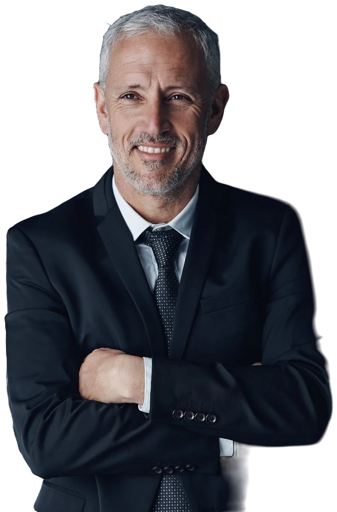 Senior accountant at FinTax Consultants in a dark suit, smiling with arms crossed